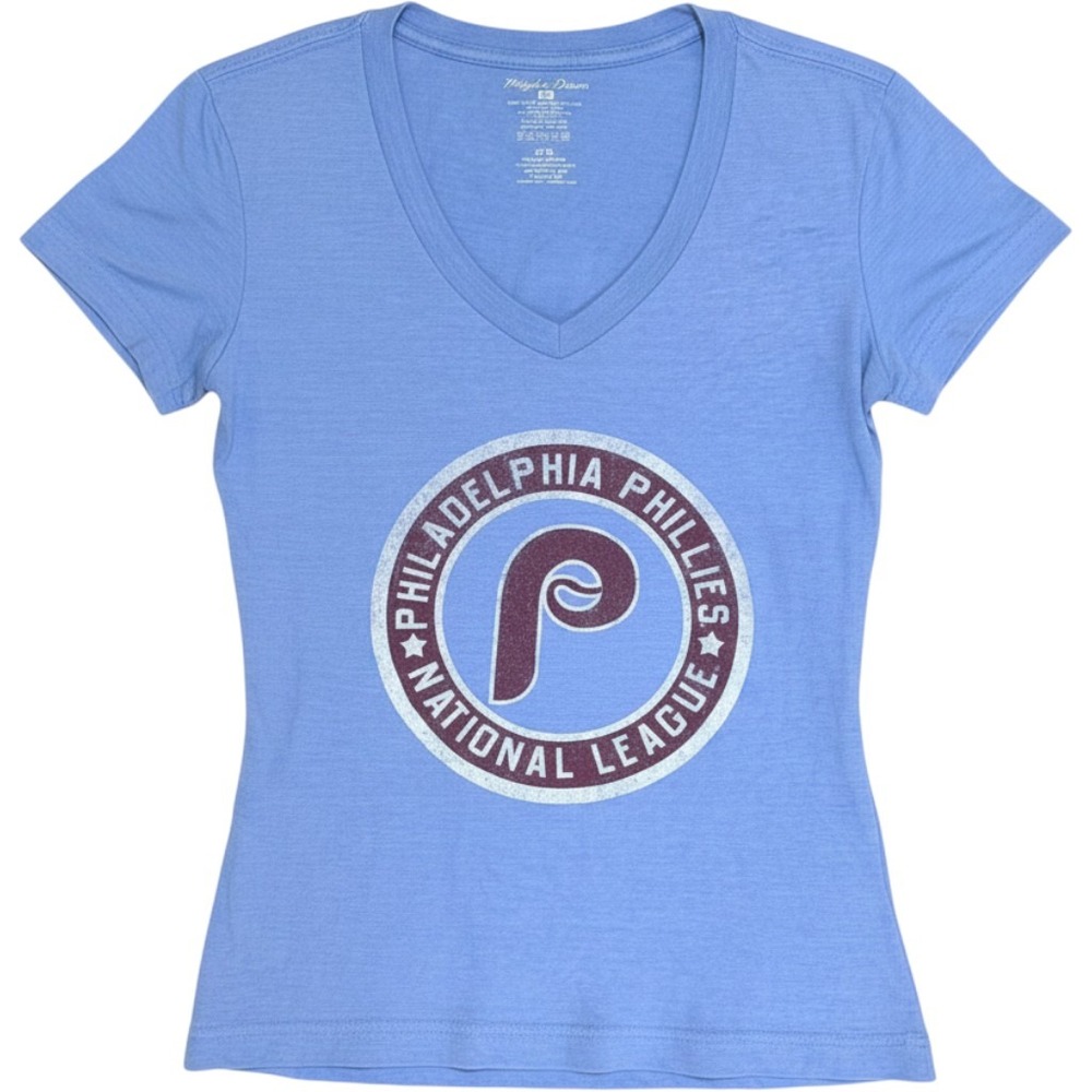 Wright & Ditson Philadelphia Phillies Shirt Womens L Blue V-Neck Cotton Tee MLB